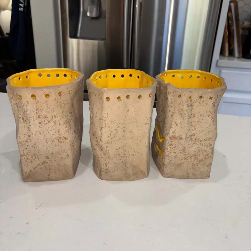 Vintage Handmade Ceramic Paper Bag Candle Votives Luminaries